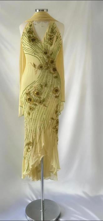 Vintage Yellow Halter Neck 3D Floral Beaded Embroidered Irregular Ruffled Chiffon Long Prom Dress Birthday Dress P4799