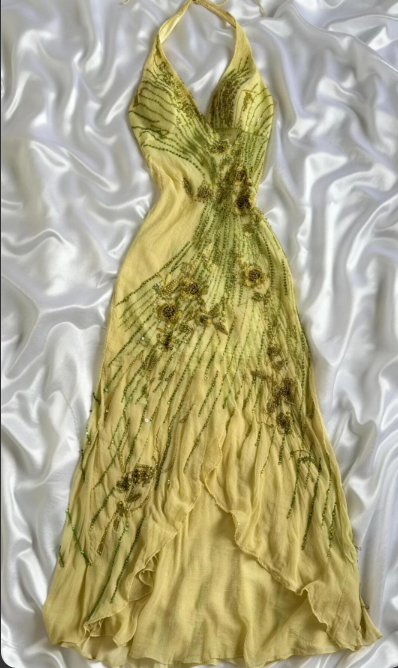 Vintage Yellow Halter Neck 3D Floral Beaded Embroidered Irregular Ruffled Chiffon Long Prom Dress Birthday Dress P4799
