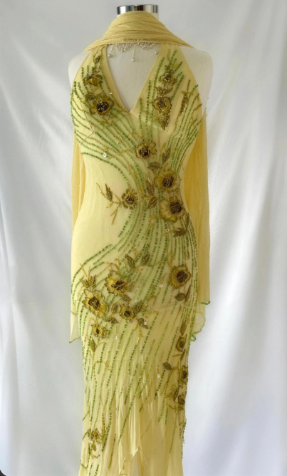 Vintage Gelbes Neckholder 3D Blumen Bestickt Perlenbesetztes Unregelmäßiges Rüschen Chiffon Langes Ballkleid Geburtstagskleid P4799