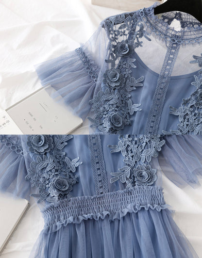 Süßes A-Linien-Kleid aus Tüll mit Spitzenapplikationen, Sommerkleid P337