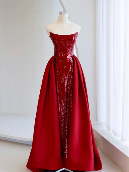 Mermaid Strapless Sequin Red Prom Dresses Long Evening Dress P2026