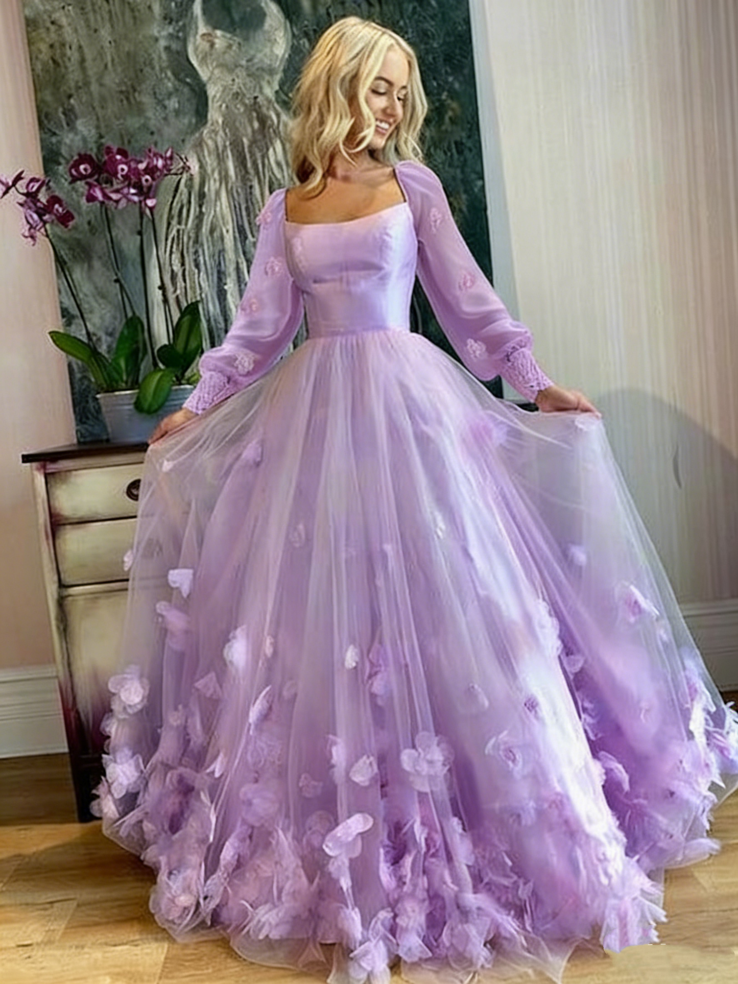 A-Linie Abschlussballkleider Maxikleid Bodenlang Lange Ärmel Tüll mit Applikationen Outfits zum 22. Geburtstag P649