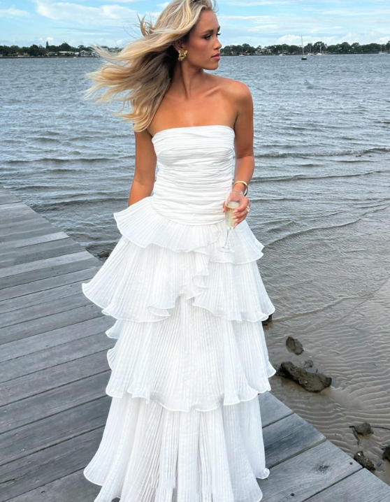Elegant Ball Gown 2 Pieces Long White Tiered Prom Dress 21th Birthday Outfits P2144 - WHITE / US2 Elegant Ball Gown 2 Pieces Long White Tiered Prom Dress 21th Birthday Outfits P2144 - WHITE / US2