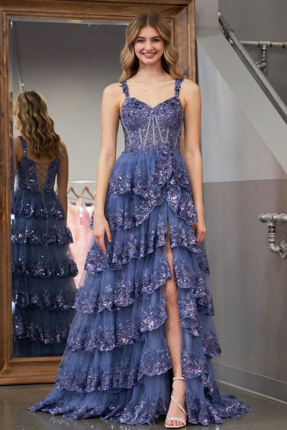 Robe de bal longue bleu marine en tulle et paillettes avec col bustier et coupe trapèze P631
