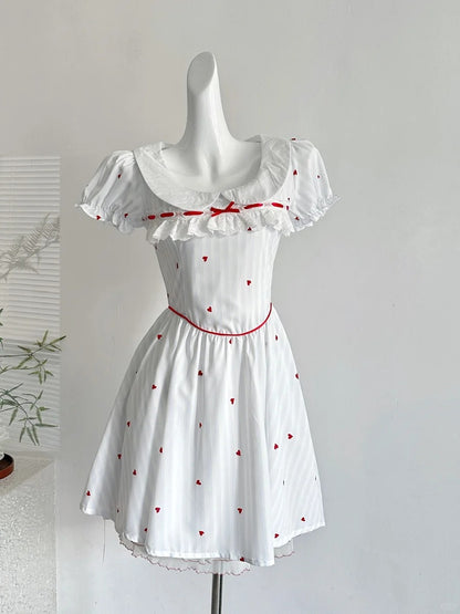 Süßes und niedliches weißes A-Linien-Kurzkleid mit Puppenkragen und Druck für den 16. Geburtstag P3996