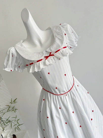 Süßes und niedliches weißes A-Linien-Kurzkleid mit Puppenkragen und Druck für den 16. Geburtstag P3996