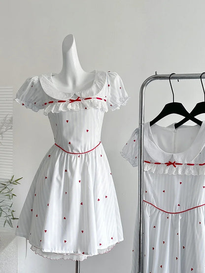 Süßes und niedliches weißes A-Linien-Kurzkleid mit Puppenkragen und Druck für den 16. Geburtstag P3996