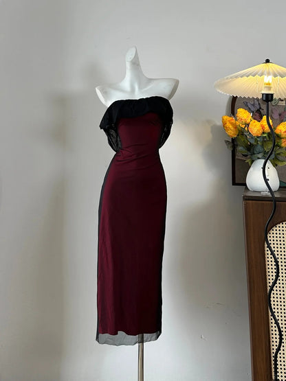Retro burgunderrotes, figurbetontes Tube-Top-Abendkleid aus Rüschentüll P4080
