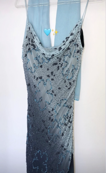 Vintage blau-graues, abgestuftes Chiffon-Spaghetti-Träger-Abendkleid Pailletten Ballkleid P4802