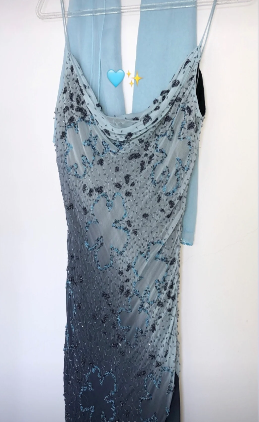 Robe de bal longue en mousseline de soie perlée à fines bretelles, dégradé bleu-gris, style vintage, Robe de soirée P4802