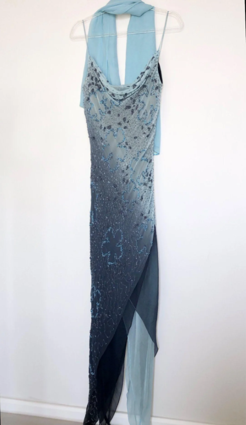 Vintage blau-graues, abgestuftes Chiffon-Spaghetti-Träger-Abendkleid Pailletten Ballkleid P4802