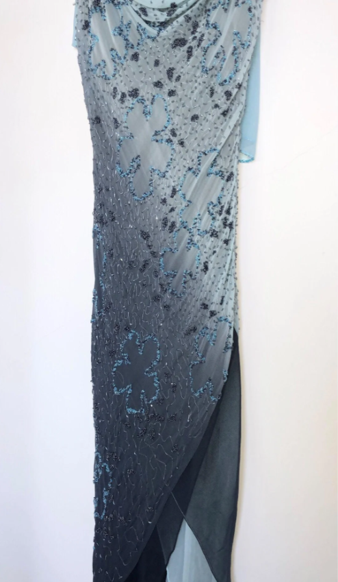 Vintage blau-graues, abgestuftes Chiffon-Spaghetti-Träger-Abendkleid Pailletten Ballkleid P4802