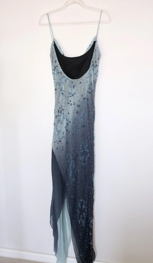Vintage blau-graues, abgestuftes Chiffon-Spaghetti-Träger-Abendkleid Pailletten Ballkleid P4802