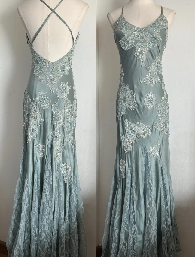 Elegantes hellblaues Meerjungfrau-Abendkleid mit überkreuztem, rückenfreiem Oberteil aus Spitze und Satin, langes Ballkleid P4803