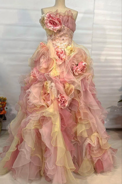 Robe de bal en organza étagée rose-jaune dégradé de rêve sans bretelles avec rose florale 3D, perles, paillettes et traîne, robe de soirée Sweet 16 P4804