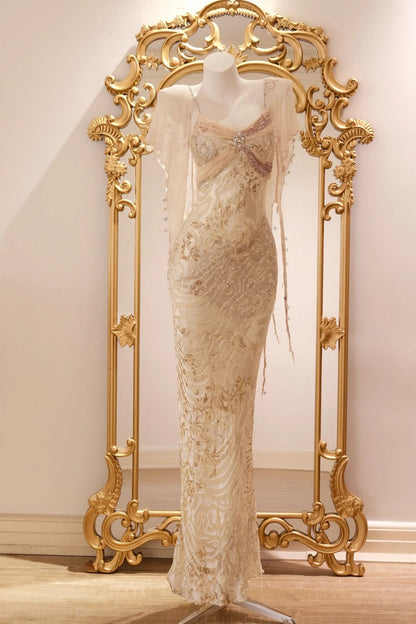 Vintage Champagnergold Meerjungfrauen-Abendkleid aus Chiffon mit Perlen und Pailletten P4806