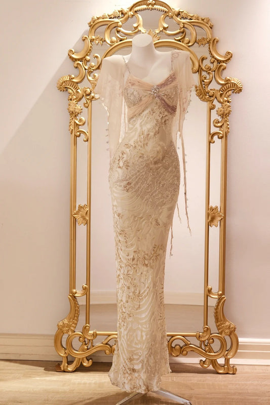Robe de soirée longue en mousseline de soie, champagne vintage, sirène, perles et sequins, P4806