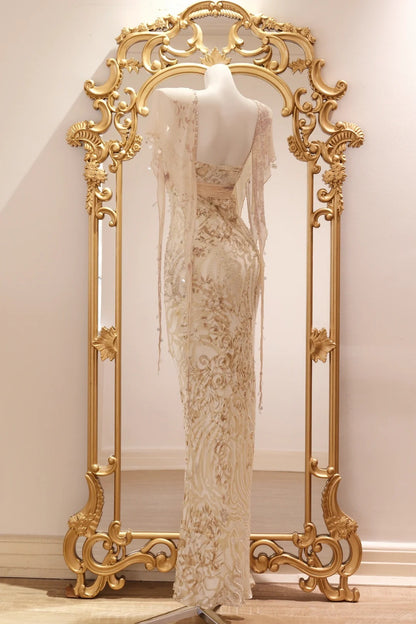 Vintage Champagnergold Meerjungfrauen-Abendkleid aus Chiffon mit Perlen und Pailletten P4806
