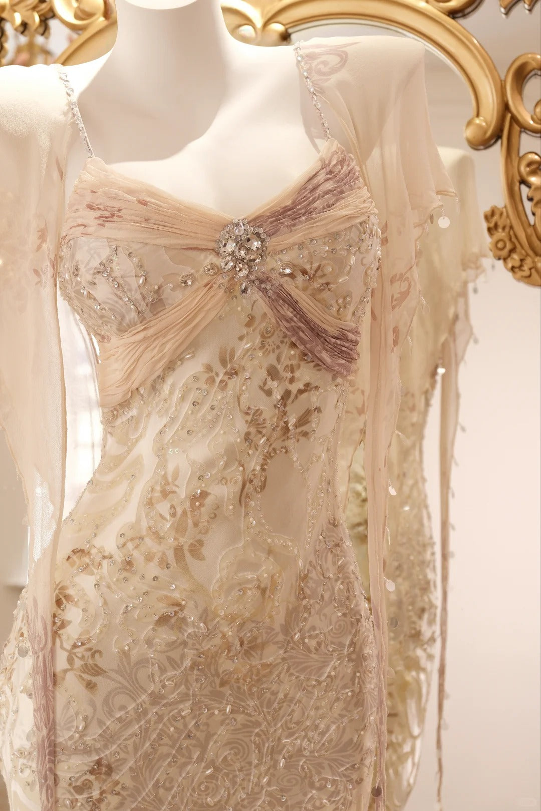 Vintage Champagnergold Meerjungfrauen-Abendkleid aus Chiffon mit Perlen und Pailletten P4806