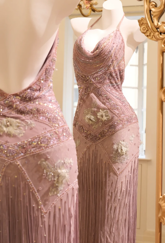 Robe de Soirée Longue de Bal Vintage en Mousseline de Soie avec Glands de Perles et Paillettes, Col Dos Nu P4807