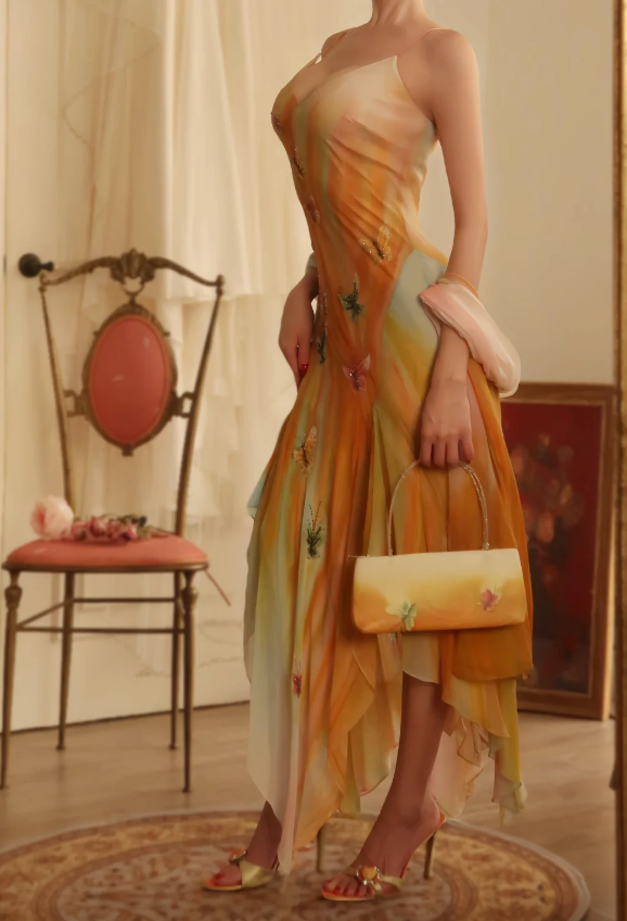 Verträumtes Gradient Spaghetti-Träger V-Ausschnitt Schmetterlings-Unregelmäßiges Chiffon Langes Ballkleid Abendkleid P4810