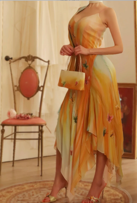 Verträumtes Gradient Spaghetti-Träger V-Ausschnitt Schmetterlings-Unregelmäßiges Chiffon Langes Ballkleid Abendkleid P4810