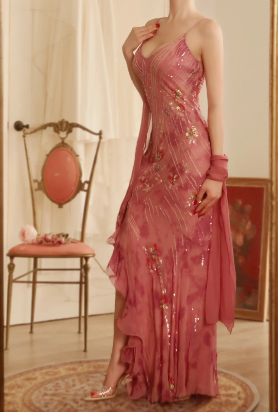 Vintage Rosa Meerjungfrau Spaghettiträger Pailletten Chiffon Langes Ballkleid Abendkleid P4811
