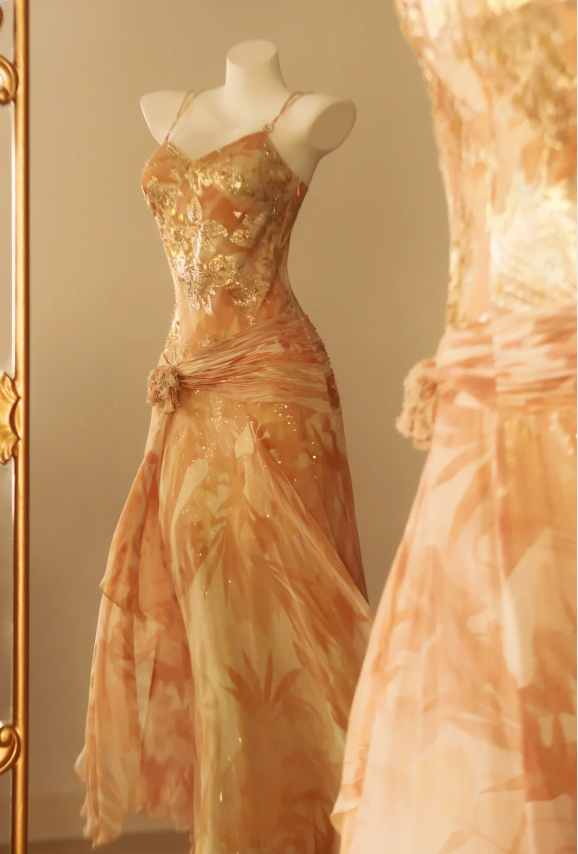 Vintage Spaghetti Strap Gold Foil Floral Chiffon Long Prom Dress Evening Dress P4812