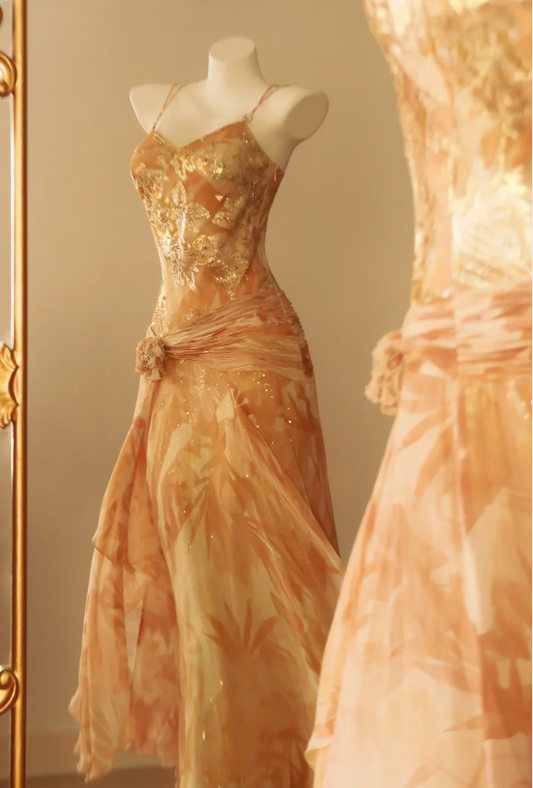 Vintage Spaghetti Strap Gold Foil Floral Chiffon Long Prom Dress Evening Dress P4812