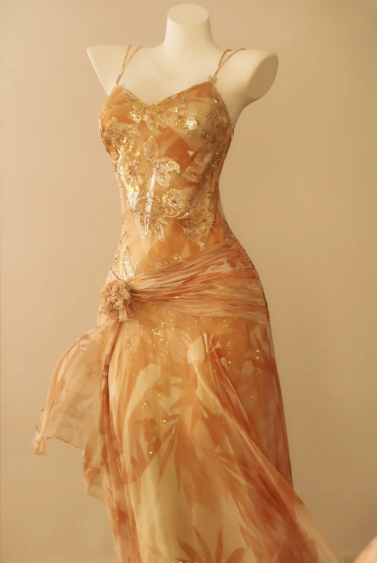 Vintage Spaghetti Strap Gold Foil Floral Chiffon Long Prom Dress Evening Dress P4812