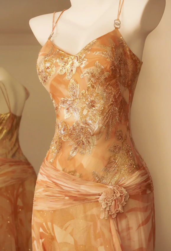 Vintage Spaghetti Strap Gold Foil Floral Chiffon Long Prom Dress Evening Dress P4812