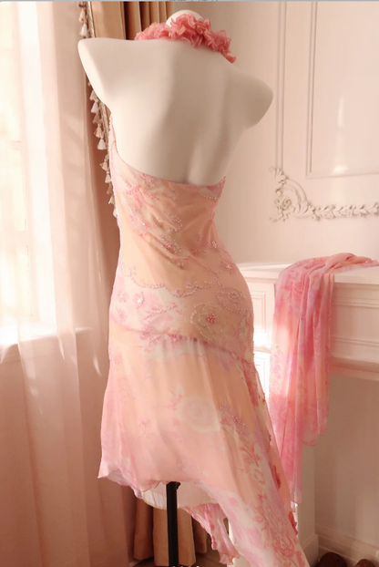 Süßes rosafarbenes Neckholder-Ballkleid aus Chiffon mit Perlen und unregelmäßigem Saum, Abendkleid P4814