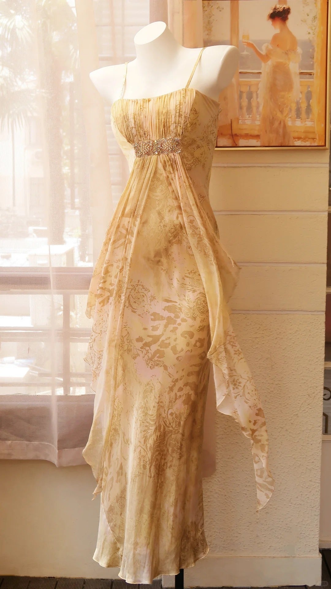 Elegant Champagne Gold Spaghetti Strap Printed Chiffon Long Prom Dress Evening Dress P4815