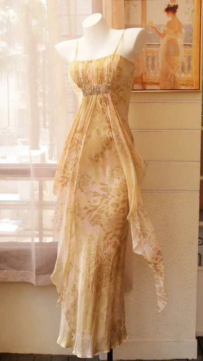 Elegantes champagnerfarbenes, bedrucktes Chiffon-Spaghettiträger-Kleid, langes Ballkleid Abendkleid P4815