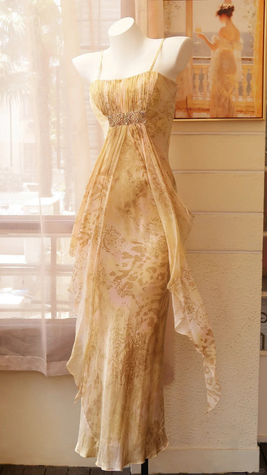 Elegant Champagne Gold Spaghetti Strap Printed Chiffon Long Prom Dress Evening Dress P4815