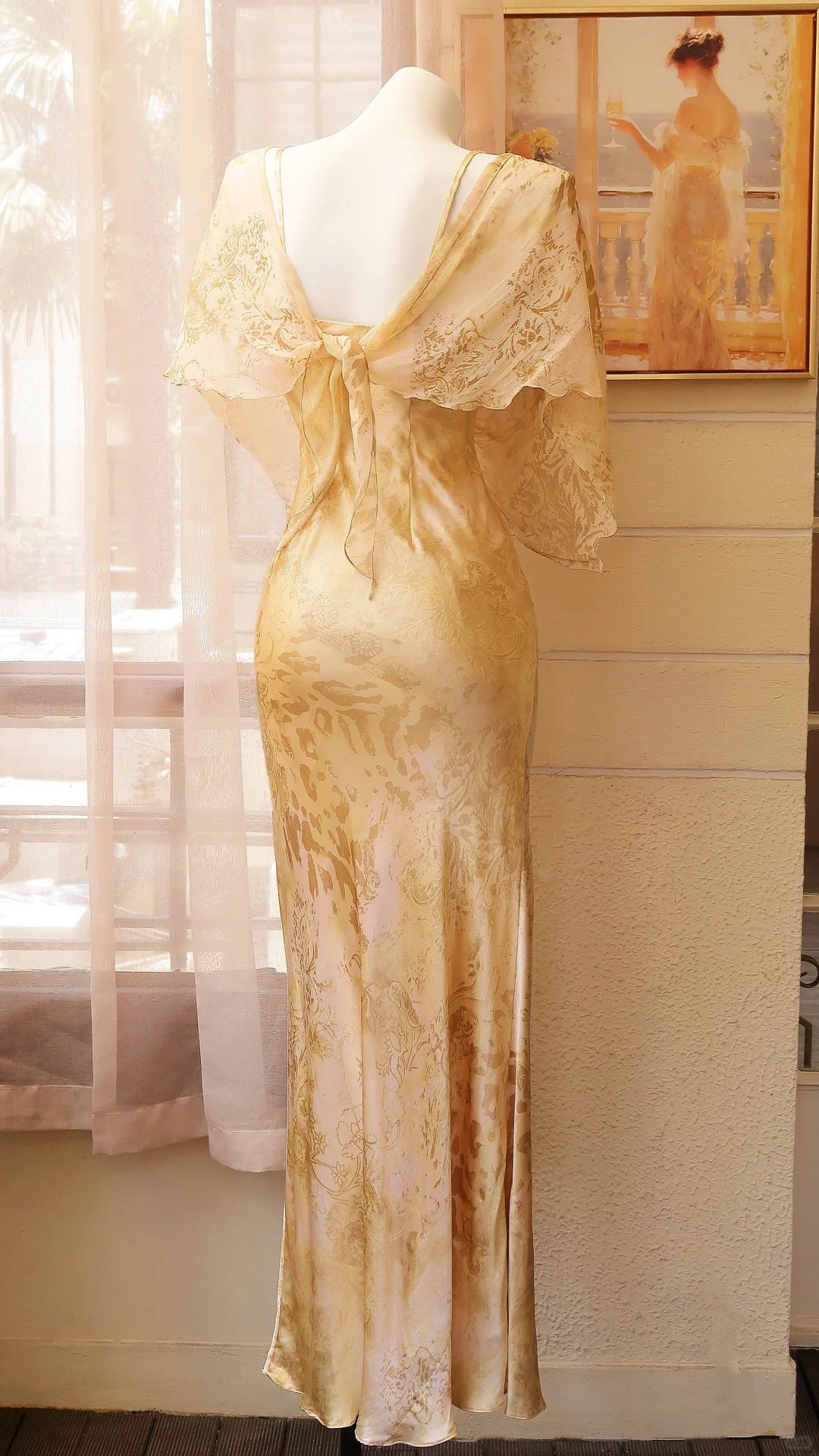 Elegant Champagne Gold Spaghetti Strap Printed Chiffon Long Prom Dress Evening Dress P4815