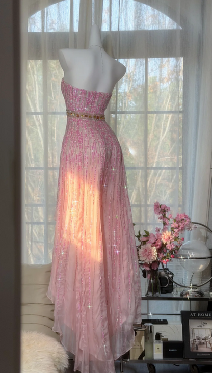 Verträumtes pinkfarbenes, trägerloses Pailletten-Perlen-Chiffon-langes Ballkleid Abendkleid P4816
