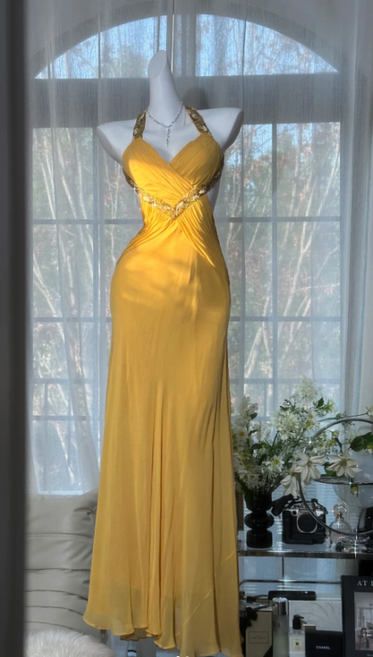 Elegantes, gelbes Neckholder-Abendkleid aus Chiffon mit Perlenverzierung und rückenfreiem Design P4817