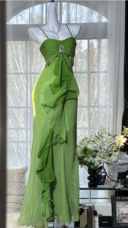 Frisches grünes Spaghetti-Träger-Kleid aus Chiffon mit gestuften Rüschen, langes Abschlussballkleid, Abendkleid P4818