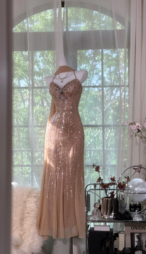 Vintage Cross Back Beaded Sequin Chiffon Long Prom Dress Evening Dress P4819