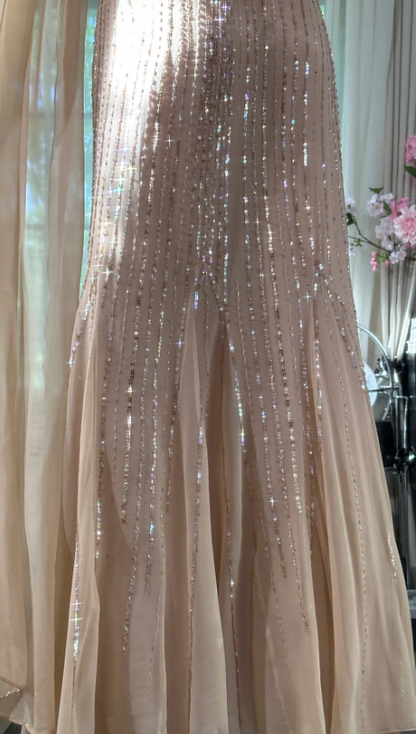 Vintage Abendkleid mit Überkreuzträgern, Perlen und Pailletten aus Chiffon, lang, Ballkleid P4819