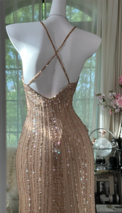 Vintage Abendkleid mit Überkreuzträgern, Perlen und Pailletten aus Chiffon, lang, Ballkleid P4819