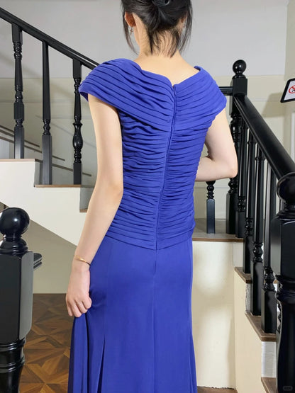 Elegantes königsblaues V-Ausschnitt Abendkleid mit Raffungen aus Chiffon, lang, P4824