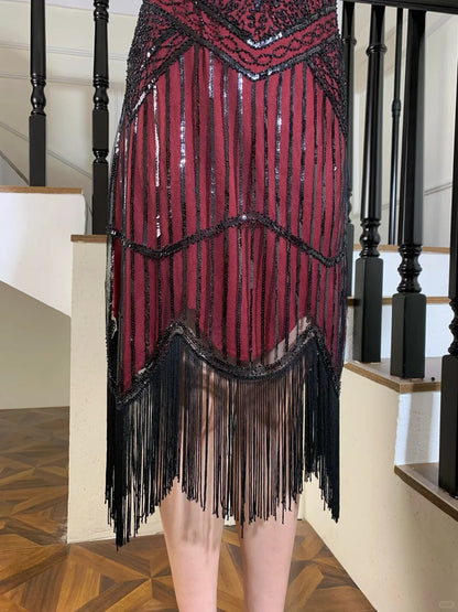 Vintage Burgund V-Ausschnitt Ärmelloses Perlen Pailletten Quasten Tüll Ballkleid Abendkleid P4825