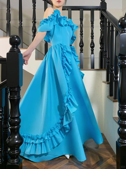 Elegantes A-Linien Ballkleid aus blauem Satin mit Rüschen P4826