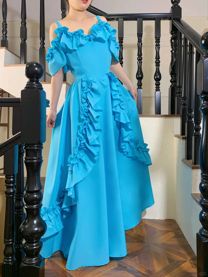 Elegantes A-Linien Ballkleid aus blauem Satin mit Rüschen P4826