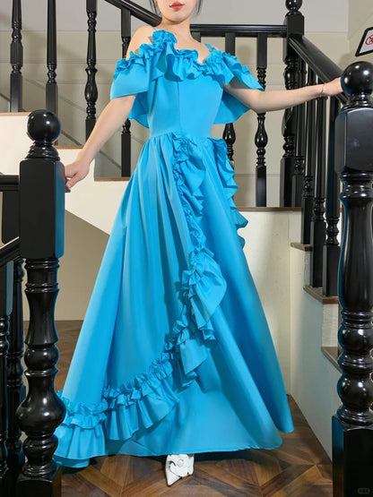 Elegantes A-Linien Ballkleid aus blauem Satin mit Rüschen P4826