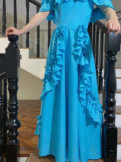 Elegantes A-Linien Ballkleid aus blauem Satin mit Rüschen P4826