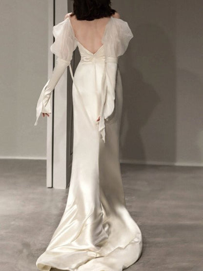 Rückenfreies, gespleißtes Satin-Langarm-Kleid mit U-Boot-Ausschnitt, figurbetontes Ballkleid, Party-Outfits P445