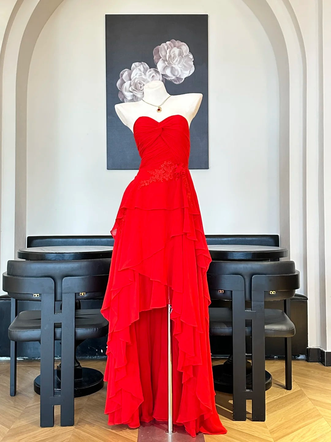 Atemberaubendes rotes trägerloses High-Low Chiffon langes Ballkleid Abendkleid P4829